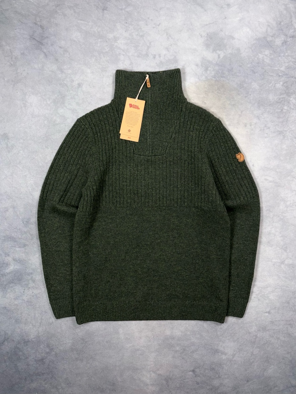 Fjallraven Ovik Green Wool Outdoor Hiking Sport Half Zip Knit High Neck Sweater